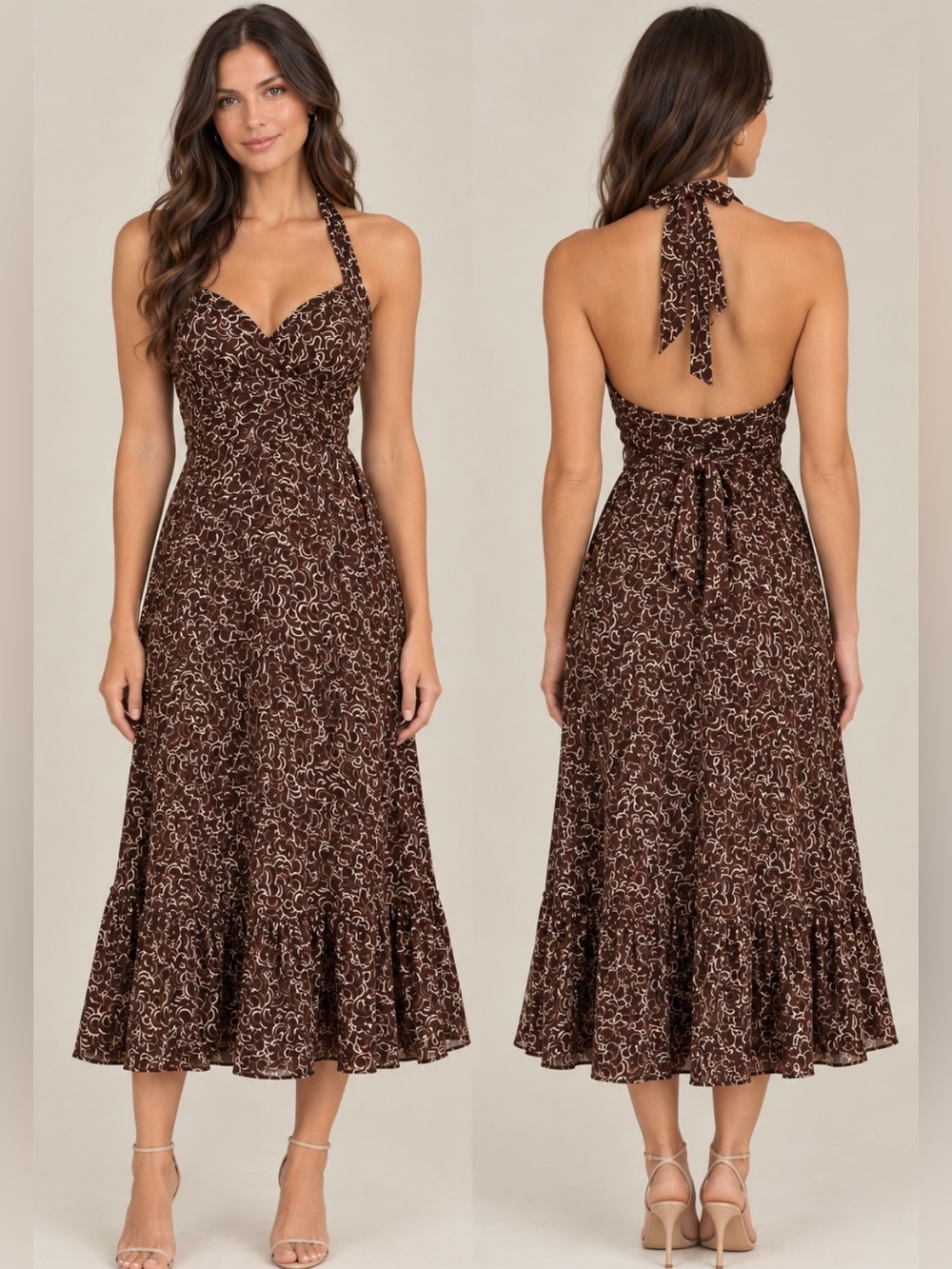 Vintage Y2K BCBG Maxazria 100% Silk Brown Swirl Halter Tie Waist Fall Midi Dress